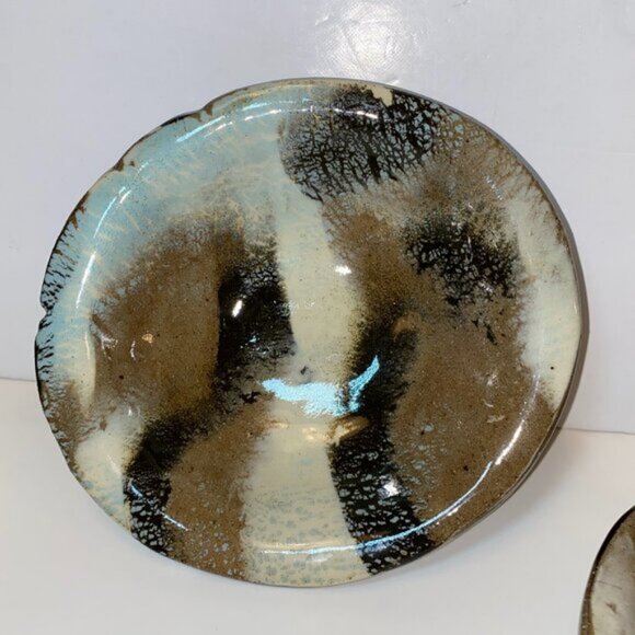 2 Pottery Shallow Bowls Marbled Design Beige, Cream and Black 5.25 in - Picture 3 of 4